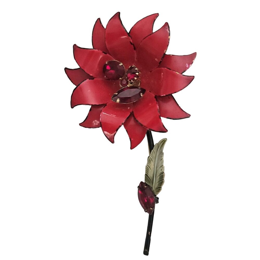 Francois Red Enamel Rhinestone Metal Stemmed Flower Brooch, Signed E957